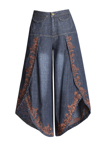 Boutique Blue Embroidered Pockets Cotton Crop Pants Skirt Summer BV072 MZF-CPTS240702
