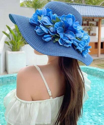 Boutique Blue Floral Straw Woven Holiday Sun Hat YU1004 Hat-HAT240528