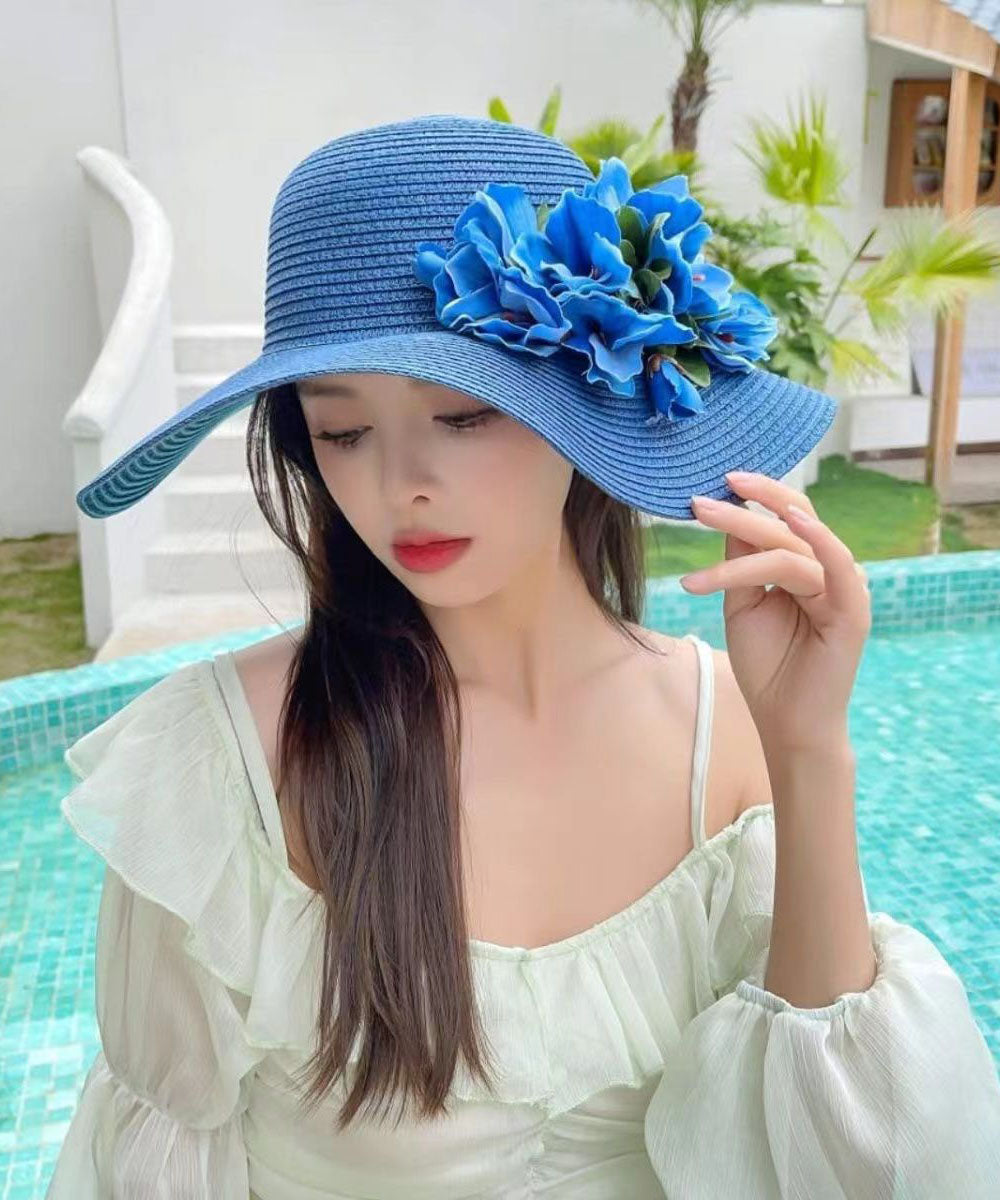 Boutique Blue Floral Straw Woven Holiday Sun Hat YU1004 Hat-HAT240528