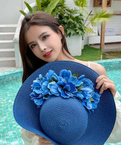 Boutique Blue Floral Straw Woven Holiday Sun Hat YU1004 Hat-HAT240528