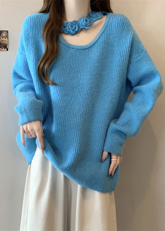 Boutique Blue Hollow Out Floral Knit Sweater Winter RG031 ABC