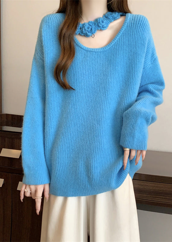 Boutique Blue Hollow Out Floral Knit Sweater Winter RG031 ABC