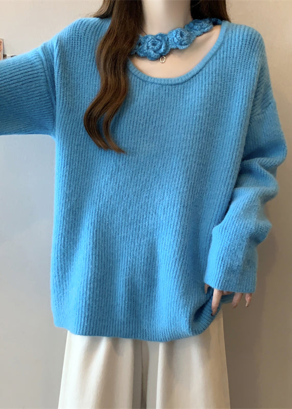 Boutique Blue Hollow Out Floral Knit Sweater Winter RG031 ABC
