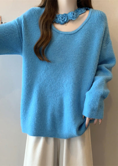 Boutique Blue Hollow Out Floral Knit Sweater Winter RG031 ABC