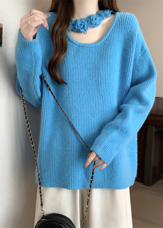 Boutique Blue Hollow Out Floral Knit Sweater Winter RG031 ABC