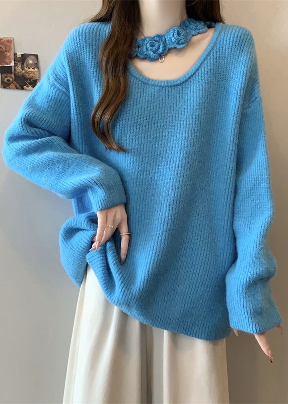 Boutique Blue Hollow Out Floral Knit Sweater Winter RG031 ABC