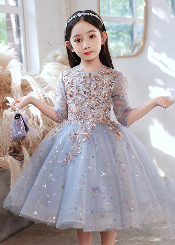 Boutique Blue O-Neck Sequins Patchwork Tulle Kids Long Dress Half Sleeve QV007 WS-JRTZSDGL241026