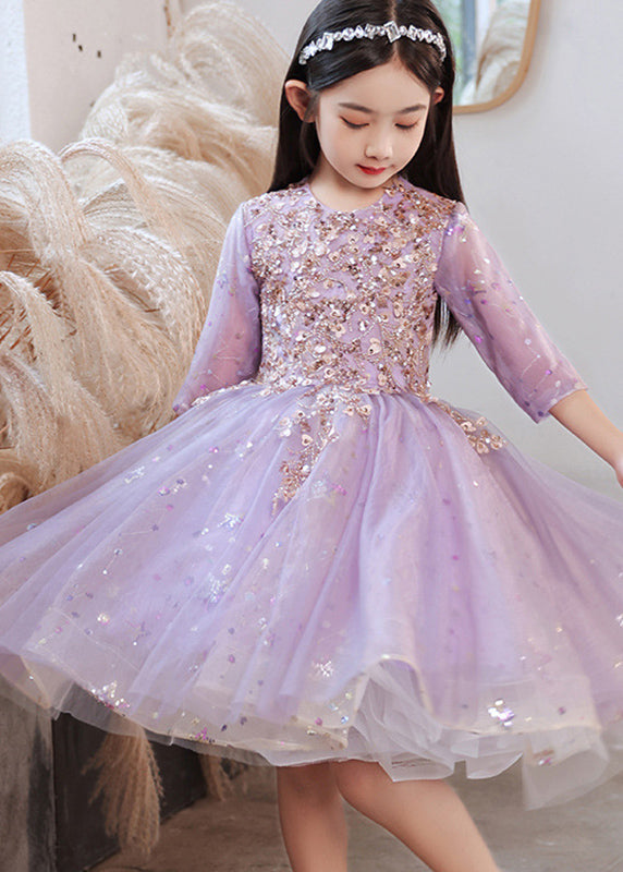 Boutique Blue O-Neck Sequins Patchwork Tulle Kids Long Dress Half Sleeve QV007 WS-JRTZSDGL241026