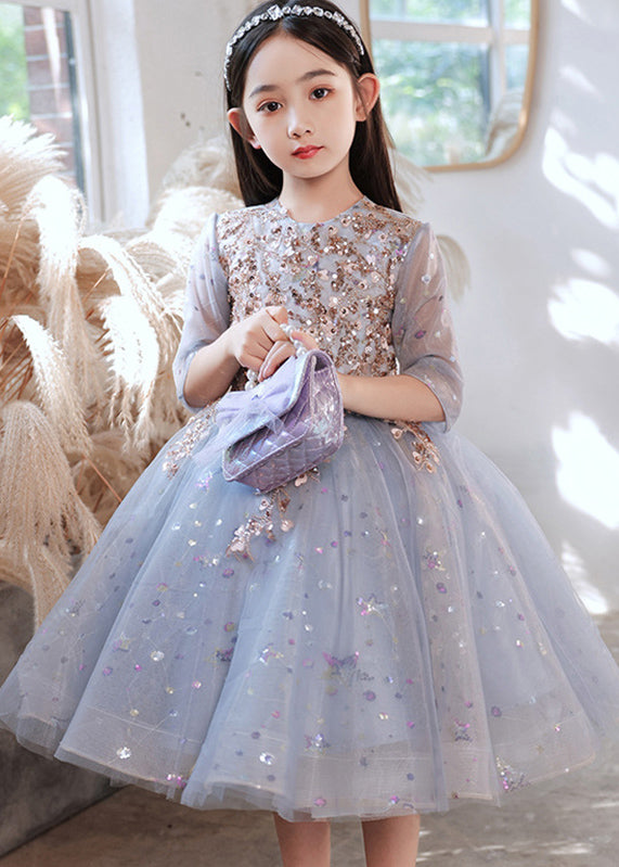 Boutique Blue O-Neck Sequins Patchwork Tulle Kids Long Dress Half Sleeve QV007 WS-JRTZSDGL241026