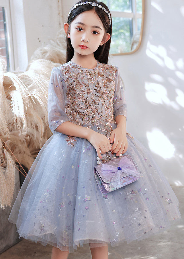 Boutique Blue O-Neck Sequins Patchwork Tulle Kids Long Dress Half Sleeve QV007 WS-JRTZSDGL241026