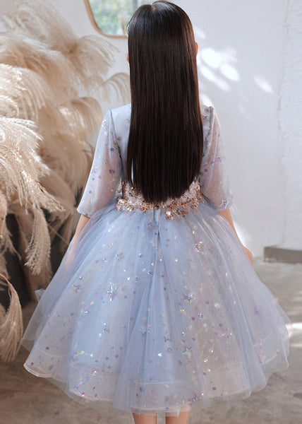 Boutique Blue O-Neck Sequins Patchwork Tulle Kids Long Dress Half Sleeve QV007 WS-JRTZSDGL241026