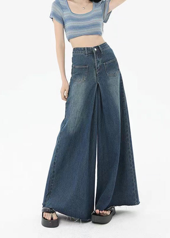 Boutique Blue Pockets High Waist Denim Wide Leg Pants Summer QQ1032 Ada Fashion