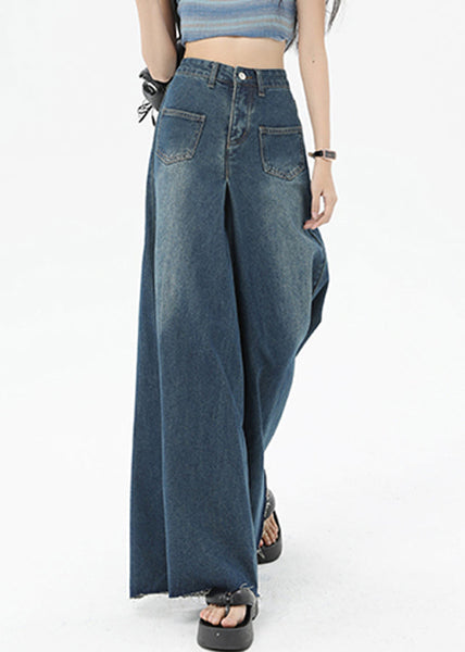 Boutique Blue Pockets High Waist Denim Wide Leg Pants Summer QQ1032 Ada Fashion