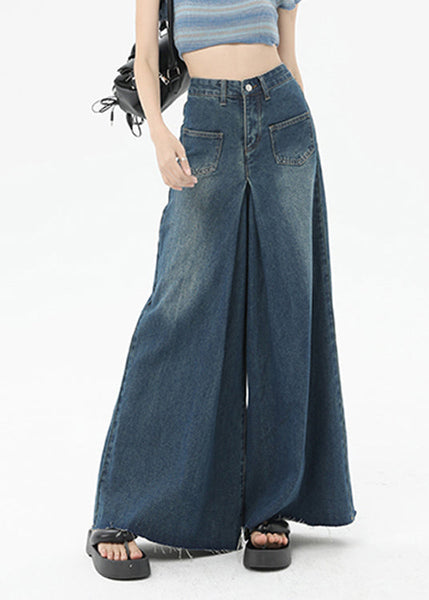 Boutique Blue Pockets High Waist Denim Wide Leg Pants Summer QQ1032 Ada Fashion