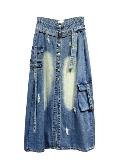 Boutique Blue Pockets Patchwork Front Open Denim Skirt Fall RI005 ABC