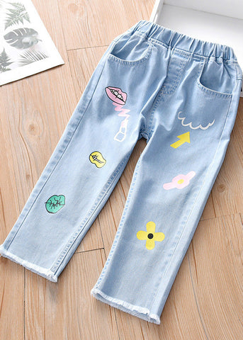 Boutique Blue Print Pockets Girls Straight Denim Pants TV040