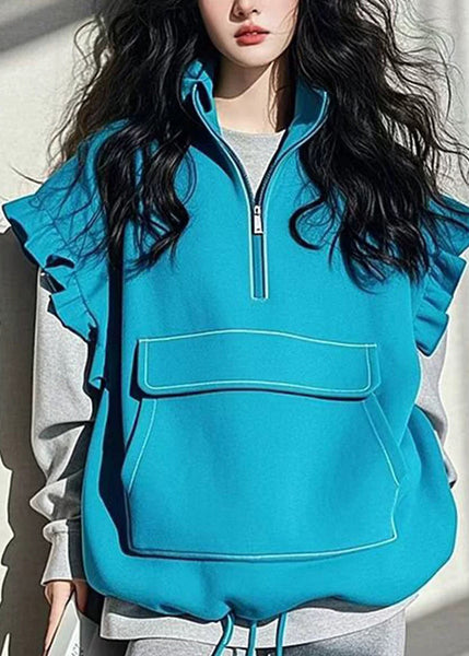 Boutique Blue Ruffled Patchwork Drawstring Cotton Vest Sleeveless TN042 ABC