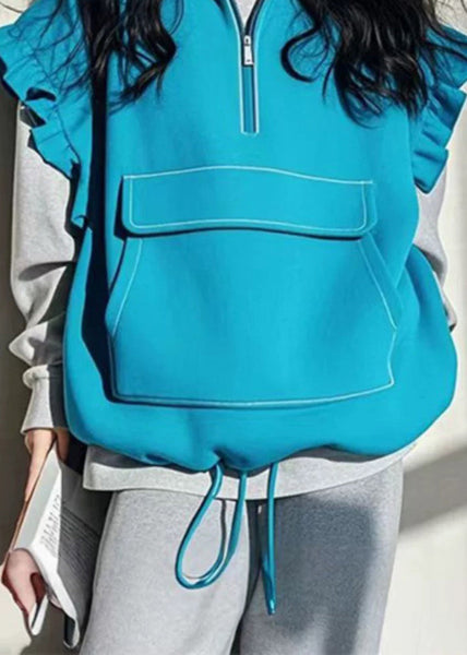 Boutique Blue Ruffled Patchwork Drawstring Cotton Vest Sleeveless TN042 ABC