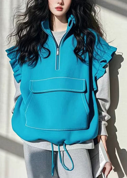 Boutique Blue Ruffled Patchwork Drawstring Cotton Vest Sleeveless TN042 ABC