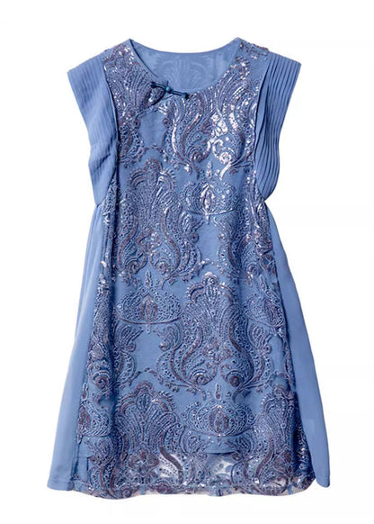 Embroidered Blue Chiffon Boutique Sequins Summer Dresses FashionChic
