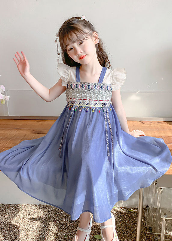 Boutique Blue Square Collar Patchwork Tassel Chiffon Kids Long Dresses Sleeveless MN007 MM-RCTZ-SDL240701