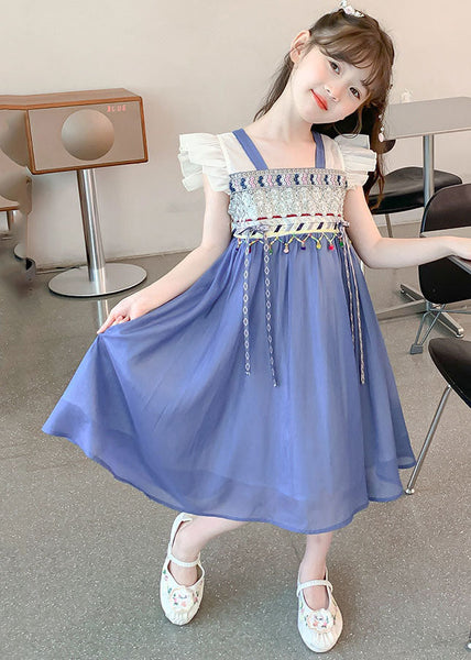 Boutique Blue Square Collar Patchwork Tassel Chiffon Kids Long Dresses Sleeveless MN007 MM-RCTZ-SDL240701