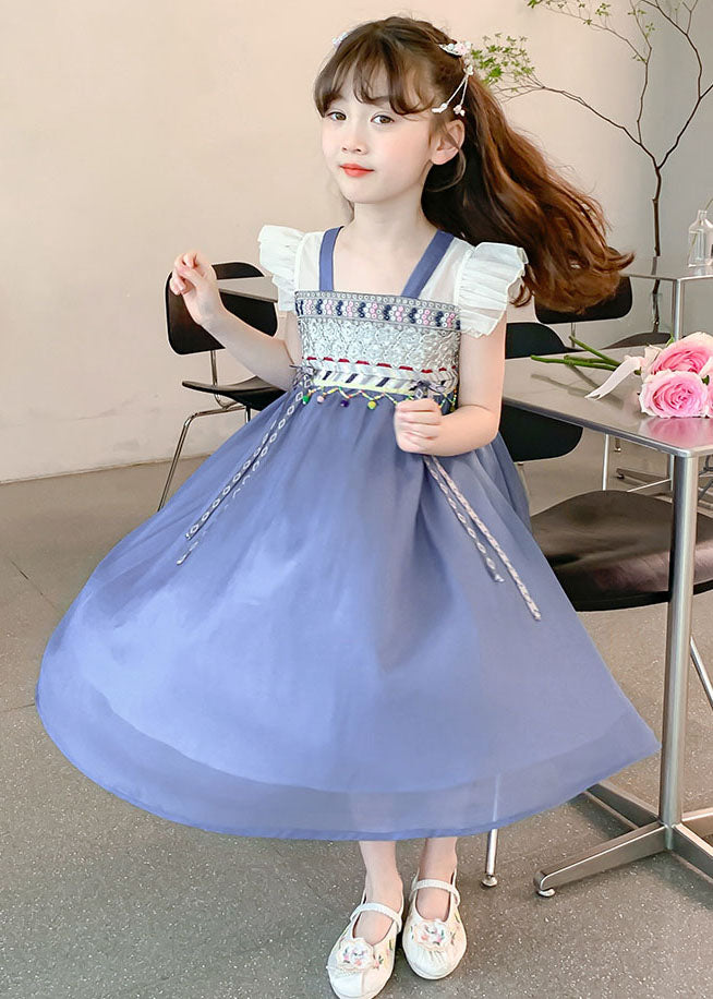 Boutique Blue Square Collar Patchwork Tassel Chiffon Kids Long Dresses Sleeveless MN007 MM-RCTZ-SDL240701