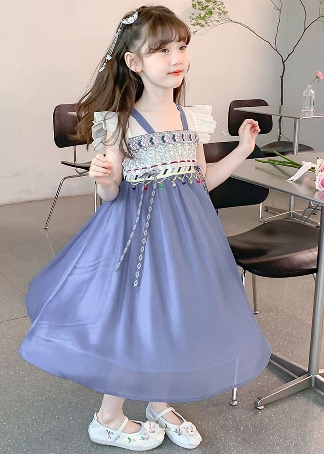 Boutique Blue Square Collar Patchwork Tassel Chiffon Kids Long Dresses Sleeveless MN007 MM-RCTZ-SDL240701