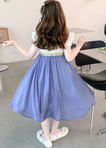 Boutique Blue Square Collar Patchwork Tassel Chiffon Kids Long Dresses Sleeveless MN007 MM-RCTZ-SDL240701