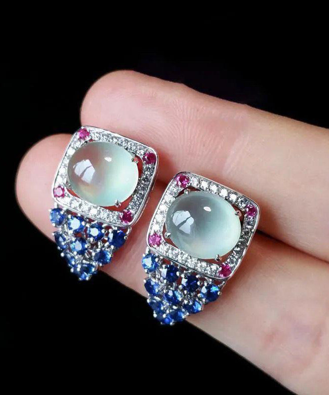 Boutique Blue Sterling Silver Zircon Gem Stone Chalcedony Stud Earrings ET032 ABC