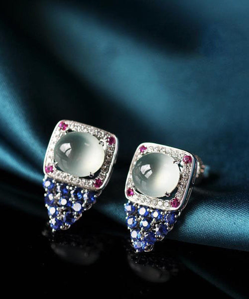 Boutique Blue Sterling Silver Zircon Gem Stone Chalcedony Stud Earrings ET032 ABC