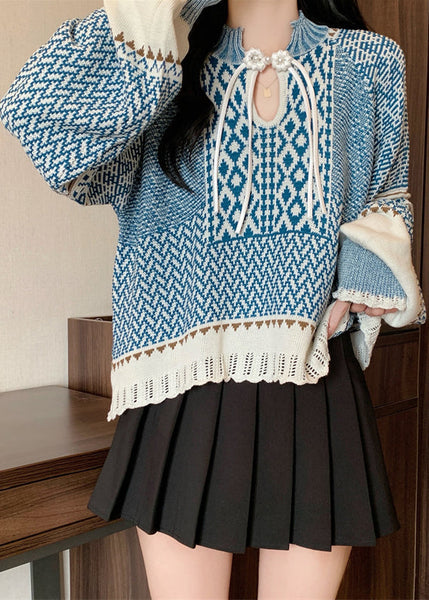 Boutique Blue Tasseled Jacquard Knit Short Sweater Winter RG026 ABC