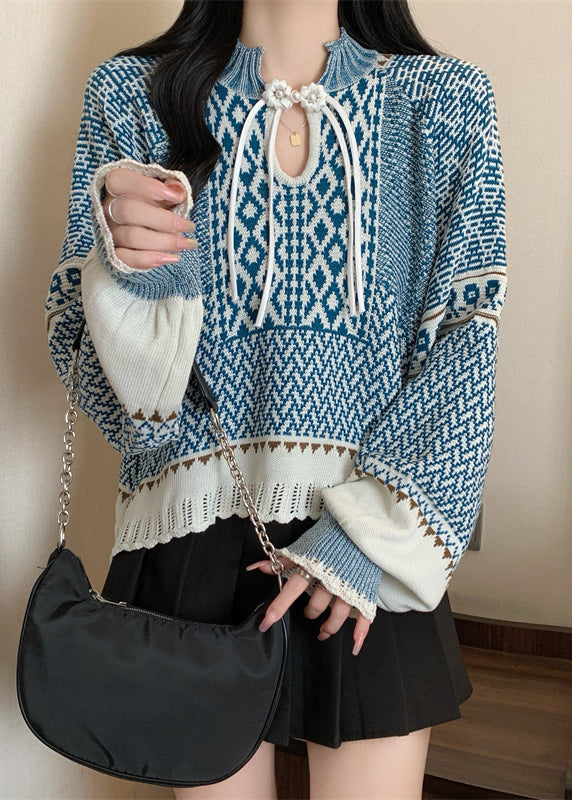 Boutique Blue Tasseled Jacquard Knit Short Sweater Winter RG026 ABC