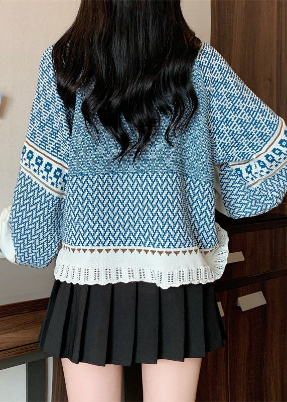 Boutique Blue Tasseled Jacquard Knit Short Sweater Winter RG026 ABC