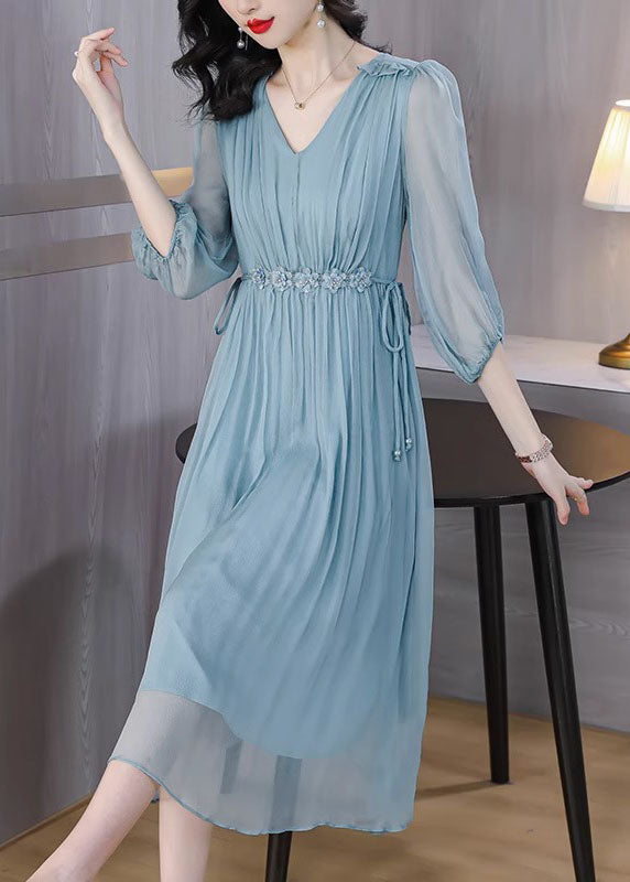 Boutique Blue V Neck Wrinkled Lace Up Silk Dress Summer BB031 Hawaii-SDL240622