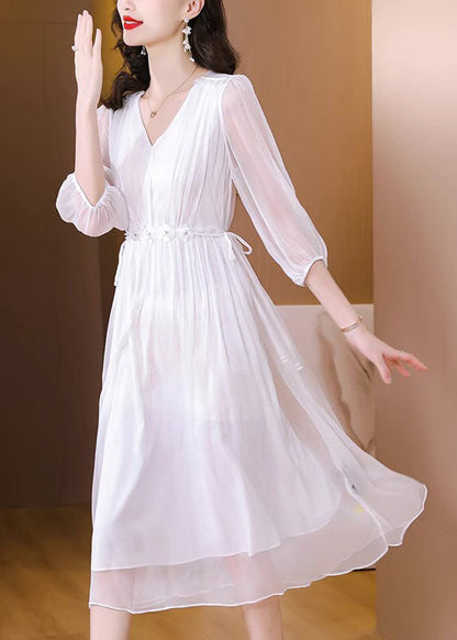 Boutique Blue V Neck Wrinkled Lace Up Silk Dress Summer BB031 Hawaii-SDL240622