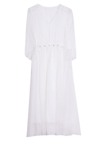 Boutique Blue V Neck Wrinkled Lace Up Silk Dress Summer BB031 Hawaii-SDL240622