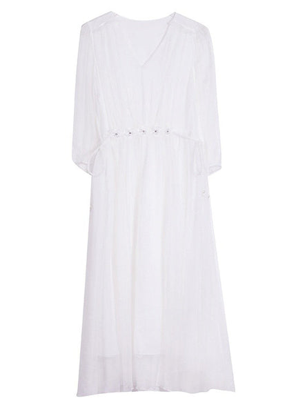 Boutique Blue V Neck Wrinkled Lace Up Silk Dress Summer BB031 Hawaii-SDL240622