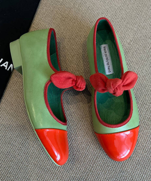 Shoes Green Bow Leather Flat Feet Boutique Splicing Cowhide FashionChic