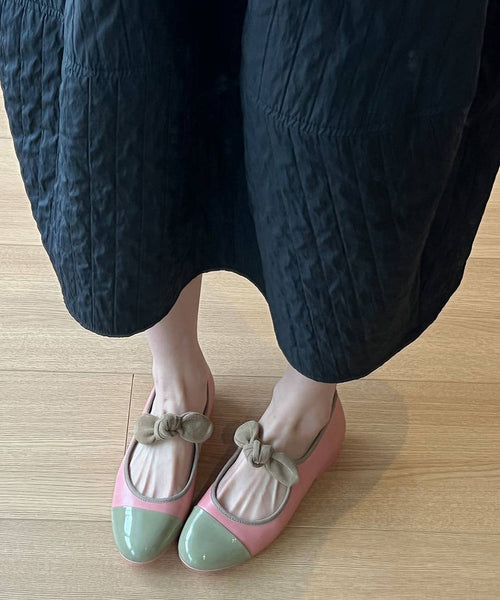 Shoes Green Bow Leather Flat Feet Boutique Splicing Cowhide FashionChic