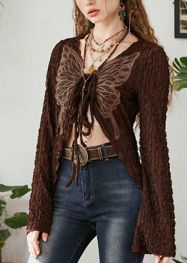 Boutique Brown Butterfly Lace Up Cotton T Shirt Top Fall QY019 BB-ZS-WM-LTP241002