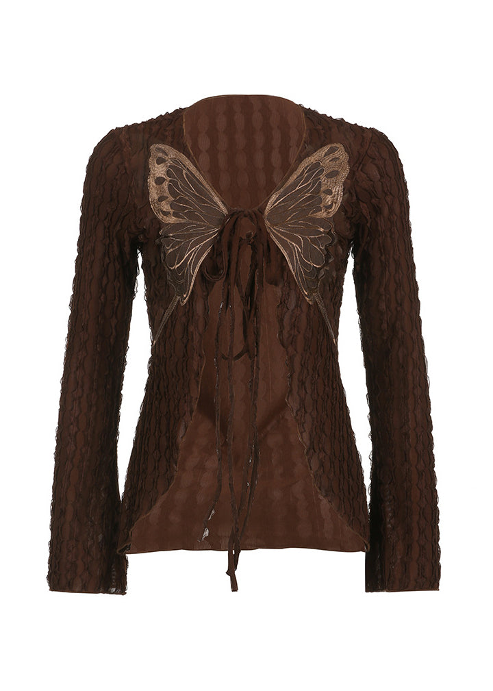 Boutique Brown Butterfly Lace Up Cotton T Shirt Top Fall QY019 BB-ZS-WM-LTP241002