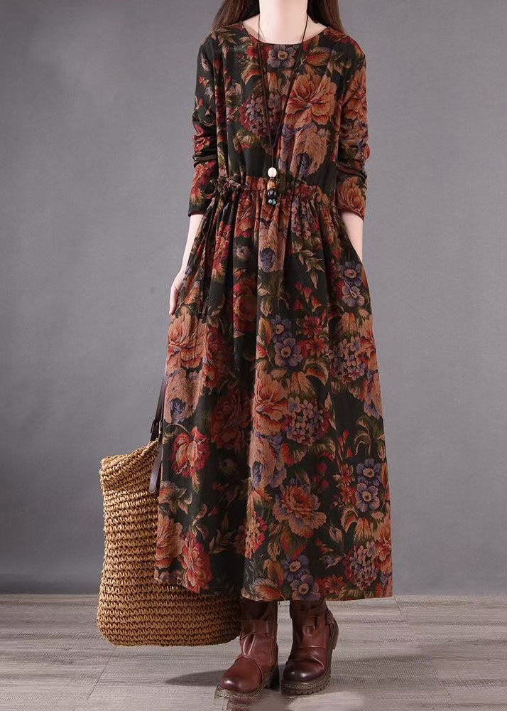 Cinched Brown Boutique Dress Cotton Holiday Print Spring FashionChic