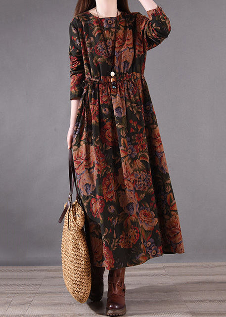 Cinched Holiday Print Dress Boutique Cotton Spring Brown FashionChic