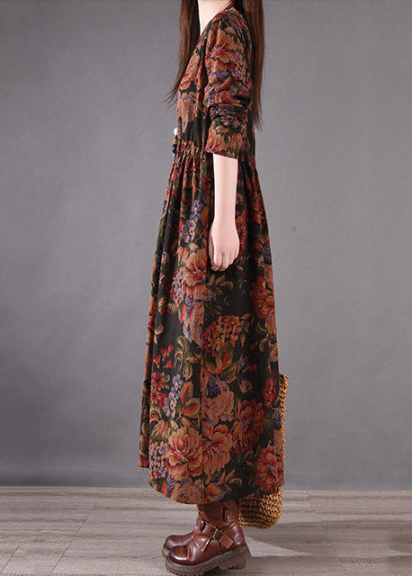 Cinched Holiday Print Dress Boutique Cotton Spring Brown FashionChic