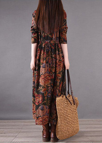 Cinched Holiday Print Dress Boutique Cotton Spring Brown FashionChic