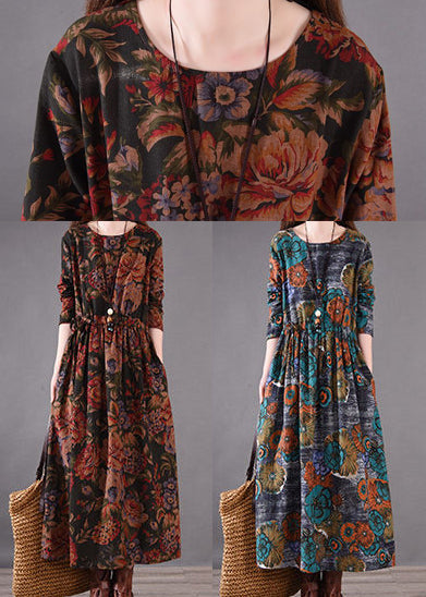 Cinched Brown Boutique Dress Cotton Holiday Print Spring FashionChic