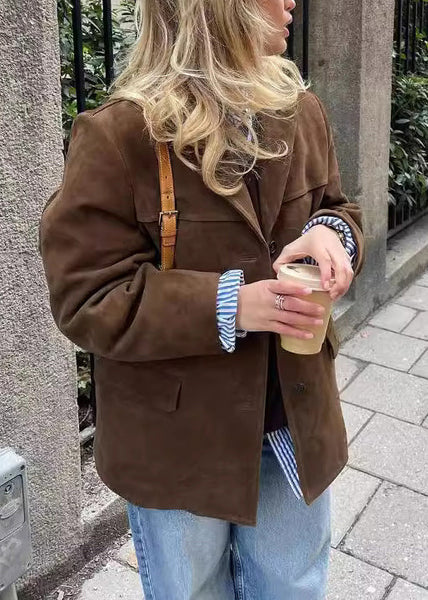 Boutique Brown Peter Pan Collar Button Faux Suede Coat Fall QY039 BB-ZS-WM-CTS241002