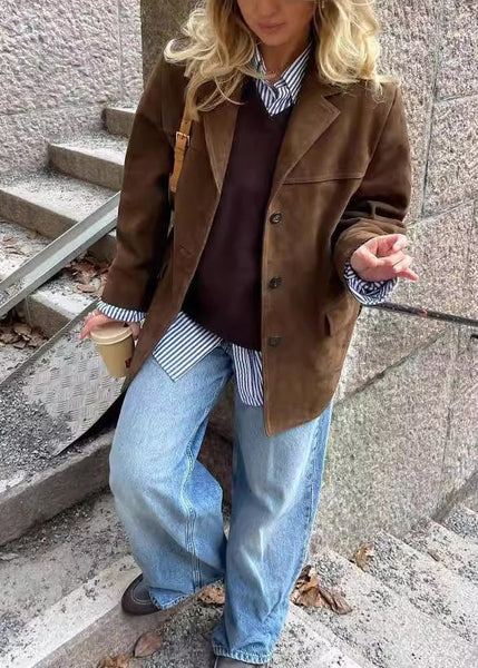 Boutique Brown Peter Pan Collar Button Faux Suede Coat Fall QY039 BB-ZS-WM-CTS241002