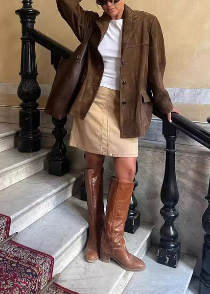 Boutique Brown Peter Pan Collar Button Faux Suede Coat Fall QY039 BB-ZS-WM-CTS241002